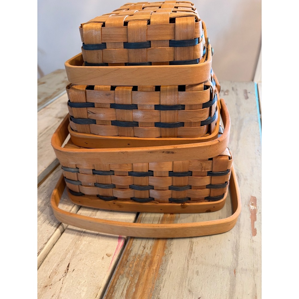 Vintage Set of (3) Rectangular Nesting Baskets Double Swing Handles Woven - Picture 16 of 16